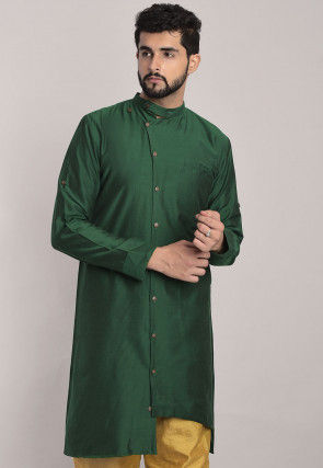 Solid Color Art Silk Kurta in Dark Green