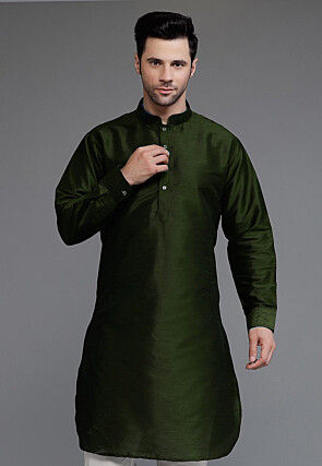 Solid Color Art Silk Kurta in Dark Green