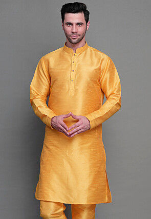 Solid Color Art Silk Kurta in Mustard