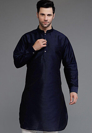 Solid Color Art Silk Kurta in Navy Blue