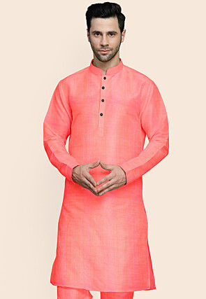 Solid Color Art Silk Kurta in Peach