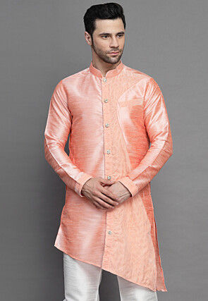 Solid Color Art Silk Kurta in Peach