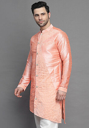 Solid Color Art Silk Kurta in Peach