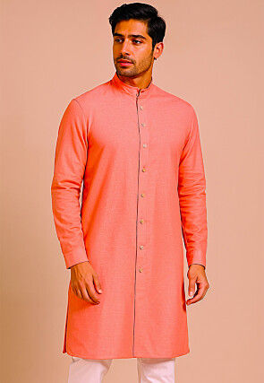 Solid Color Art Silk Kurta in Peach