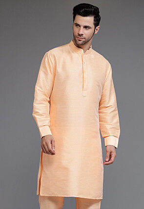Solid Color Art Silk Kurta in Peach