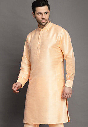 Solid Color Art Silk Kurta in Peach