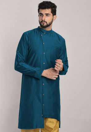 Solid Color Art Silk Kurta in Teal Blue