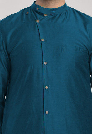 Solid Color Art Silk Kurta in Teal Blue