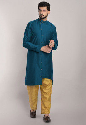 Solid Color Art Silk Kurta in Teal Blue