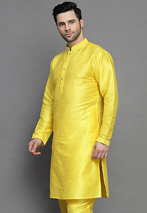 Solid Color Art Silk Kurta in Yellow