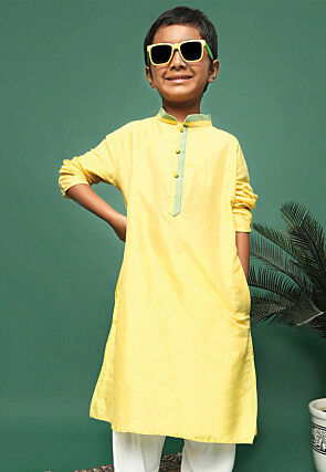 Solid Color Art Silk Kurta in Yellow