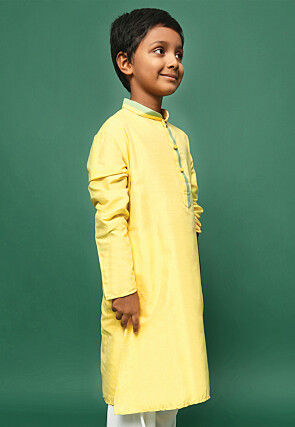 Solid Color Art Silk Kurta in Yellow