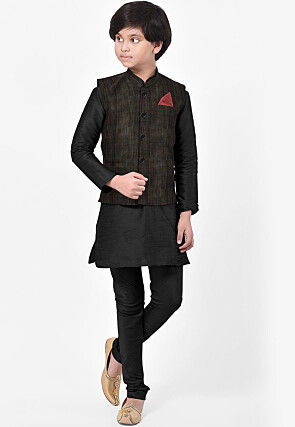 Solid Color Art Silk Kurta Jacket Set in Black