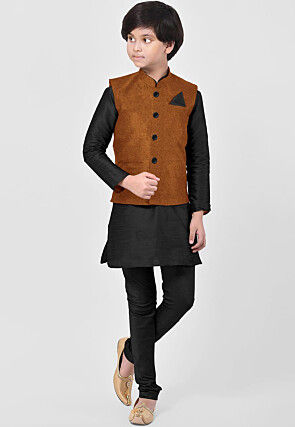 Solid Color Art Silk Kurta Jacket Set in Black
