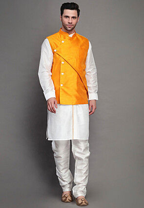 Solid Color Art Silk Kurta Jacket Set in White and Mustard