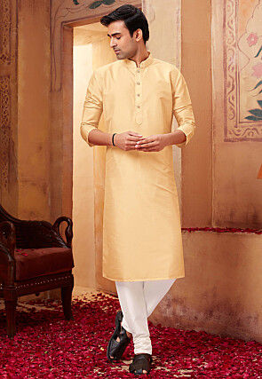 Solid Color Art Silk Kurta Set in Beige