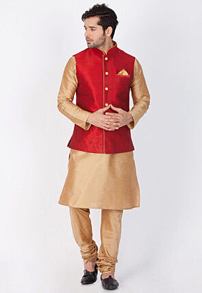Solid Color Art Silk Kurta Set in Beige