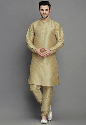 Solid Color Art Silk Kurta Set in Beige