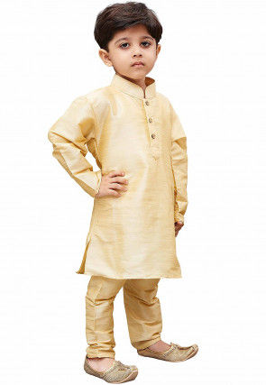 Solid Color Art Silk Kurta Set in Beige