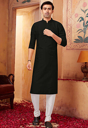 Solid Color Art Silk Kurta Set in Black