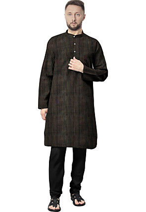 Solid Color Art Silk Kurta Set in Black