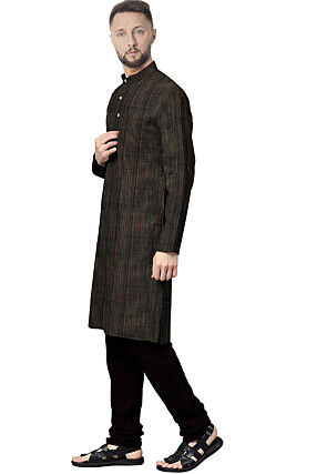 Solid Color Art Silk Kurta Set in Black