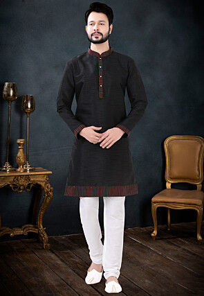 Buy Solid Color Art Silk Kurta Set in Black Online MUY751