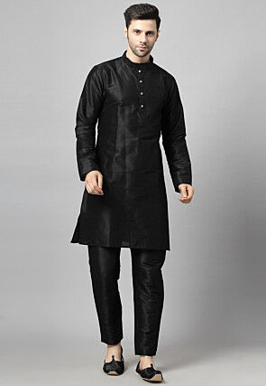 Solid Color Art Silk Kurta Set in Black