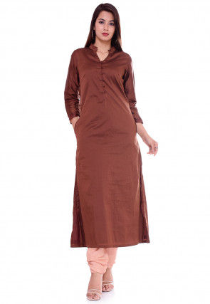 Solid Color Art Silk Kurta Set in Brown