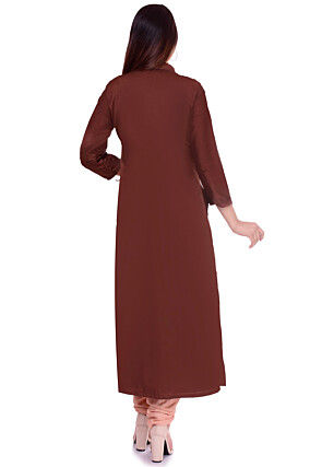 Solid Color Art Silk Kurta Set in Brown