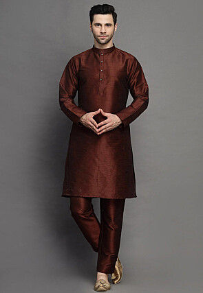 Solid Color Art Silk Kurta Set in Brown