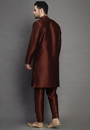 Solid Color Art Silk Kurta Set in Brown