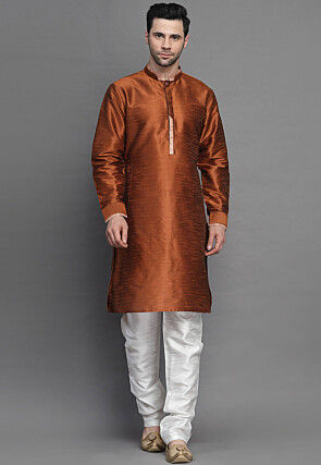 Solid Color Art Silk Kurta Set in Brown