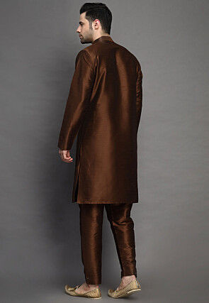 Solid Color Art Silk Kurta Set in Brown