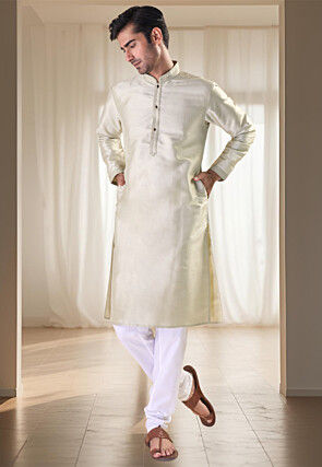 Solid Color Art Silk Kurta Set in Cream