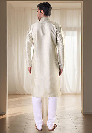Solid Color Art Silk Kurta Set in Cream
