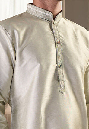 Solid Color Art Silk Kurta Set in Cream