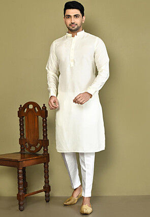 Solid Color Art Silk Kurta Set in Cream