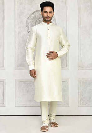 Solid Color Art Silk Kurta Set in Cream