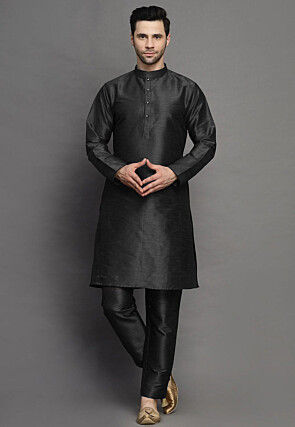 Solid Color Art Silk Kurta Set in Dark Grey