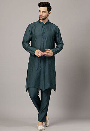 Solid Color Art Silk Asymmetric Kurta Set in Dusty Green