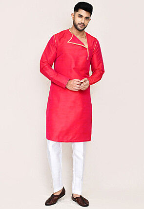 Solid Color Art Silk Kurta Set in Fuchsia