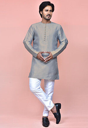 Solid Color Art Silk Kurta Set in Grey