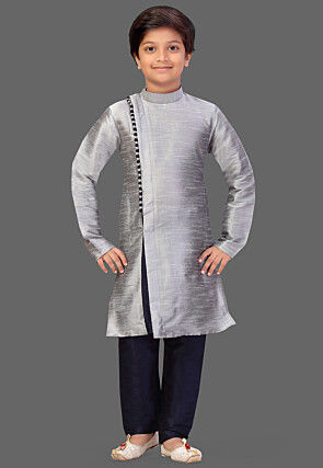 Solid Color Art Silk Kurta Set in Grey