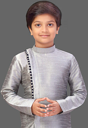 Solid Color Art Silk Kurta Set in Grey