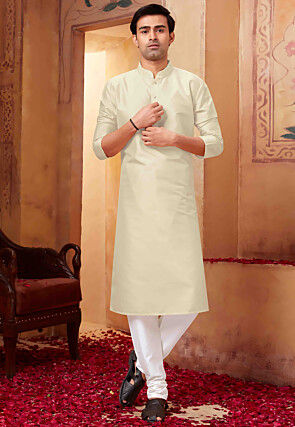 Solid Color Art Silk Kurta Set in Light Beige