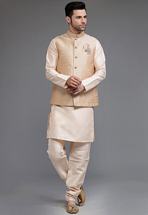 Solid Color Art Silk Kurta Set in Light Beige