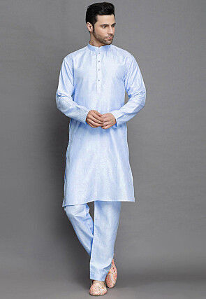 Solid Color Art Silk Kurta Set in Light Blue