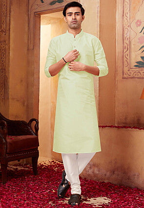 Solid Color Art Silk Kurta Set in Light Green