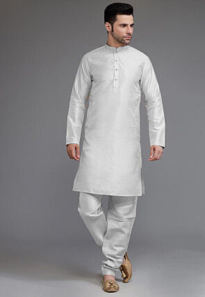 Solid Color Art Silk Kurta Set in Light Grey
